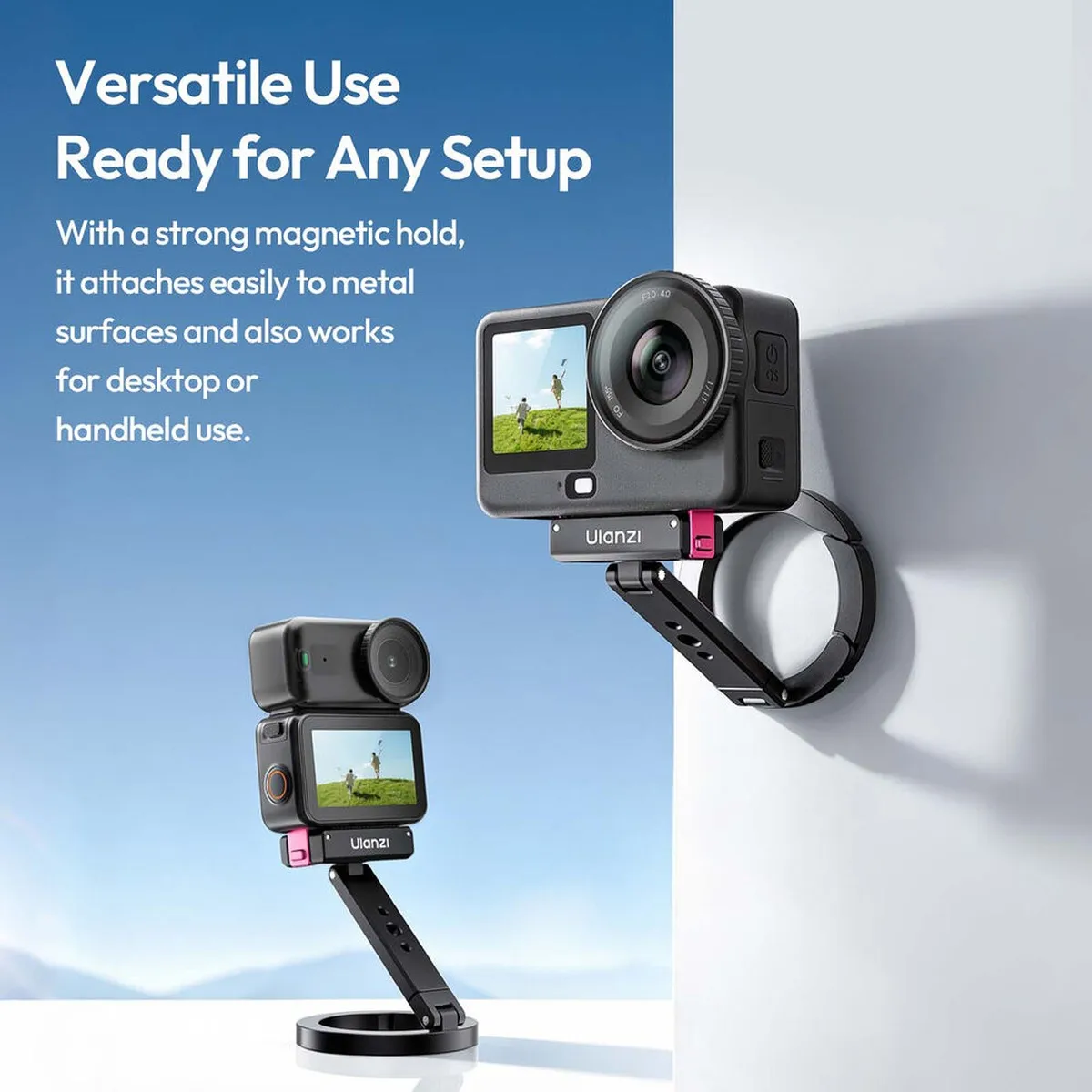 ULANZI MagLock mount holding a DJI Osmo Action on a vertical metal wall, and an Osmo Nano on a desktop stand.