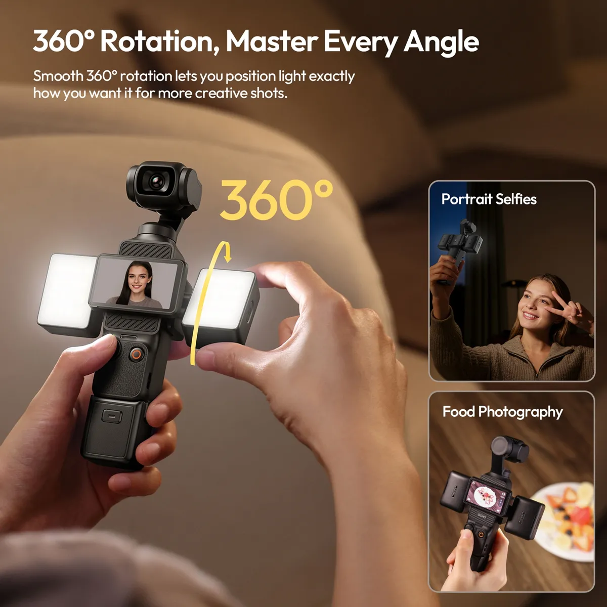 ULANZI LM06 fill lights rotating a full 360 degrees on the bracket, shown for selfies and food shots.