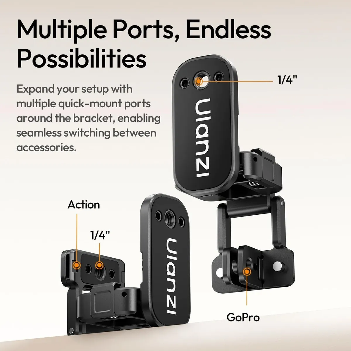 The four mounting ports on the ULANZI PK16 labelled: quarter inch front, quarter inch rear, GoPro and Action.