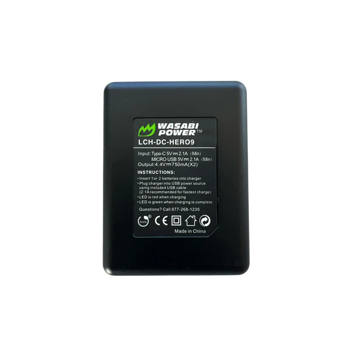 Wasabi Power DUAL Slot USB Battery Charger shown from the front, featuring two charging slots.