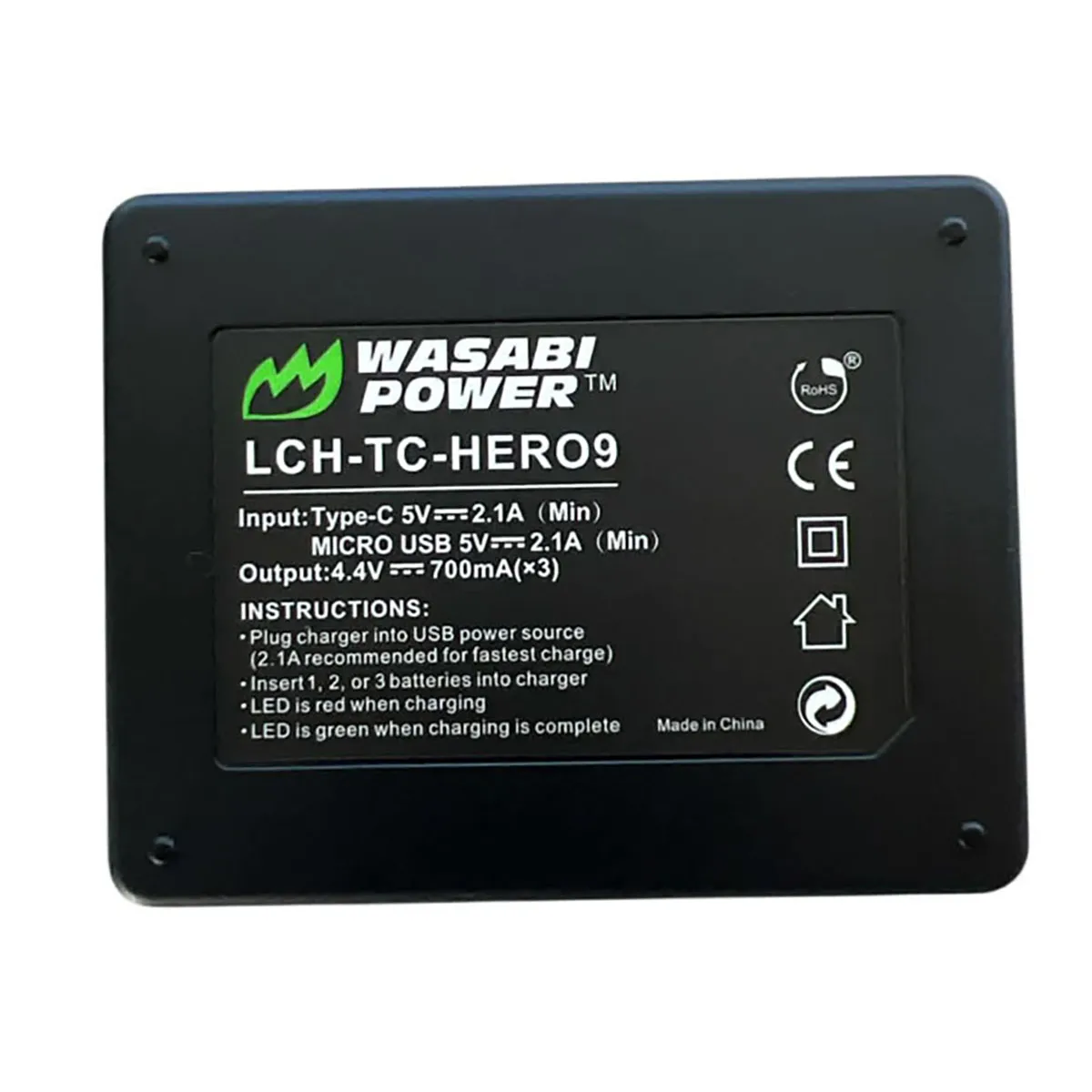 Wasabi Power TRIPLE Slot USB Battery Charger shown from behind, with model and rating details.