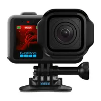 GoPro camera attached to a Universal Adhesive Mount with a mounting buckle and thumbscrew.