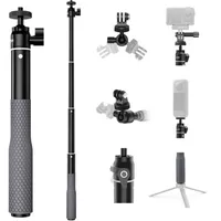Product collage showing the Telesin pole used as a tripod extension and with various action camera mounts.