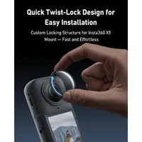 Quick twist-lock custom structure on TELESIN Insta360 X5 guards allowing for fast and effortless adhesive-free installation.