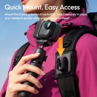 The ULANZI ClipMate lifting off a strap mount on a backpack shoulder strap, with an Insta360 GO Ultra camera fitted.