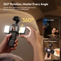 ULANZI LM06 fill lights rotating a full 360 degrees on the bracket, shown for selfies and food shots.