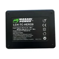 Wasabi Power TRIPLE Slot USB Battery Charger shown from behind, with model and rating details.