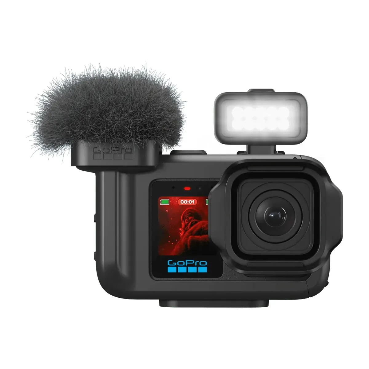 GoPro Light Mod 2 mounted alongside a microphone and GoPro camera in a cage.