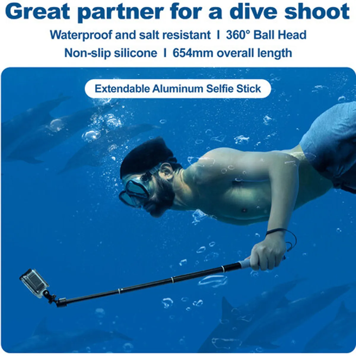 Snorkeller using the waterproof Telesin aluminium selfie stick to capture immersive underwater footage.