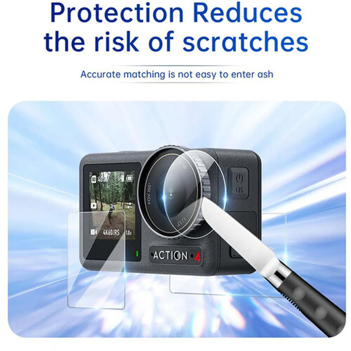 A blade pressing against the camera lens demonstrating the scratch resistant protection.