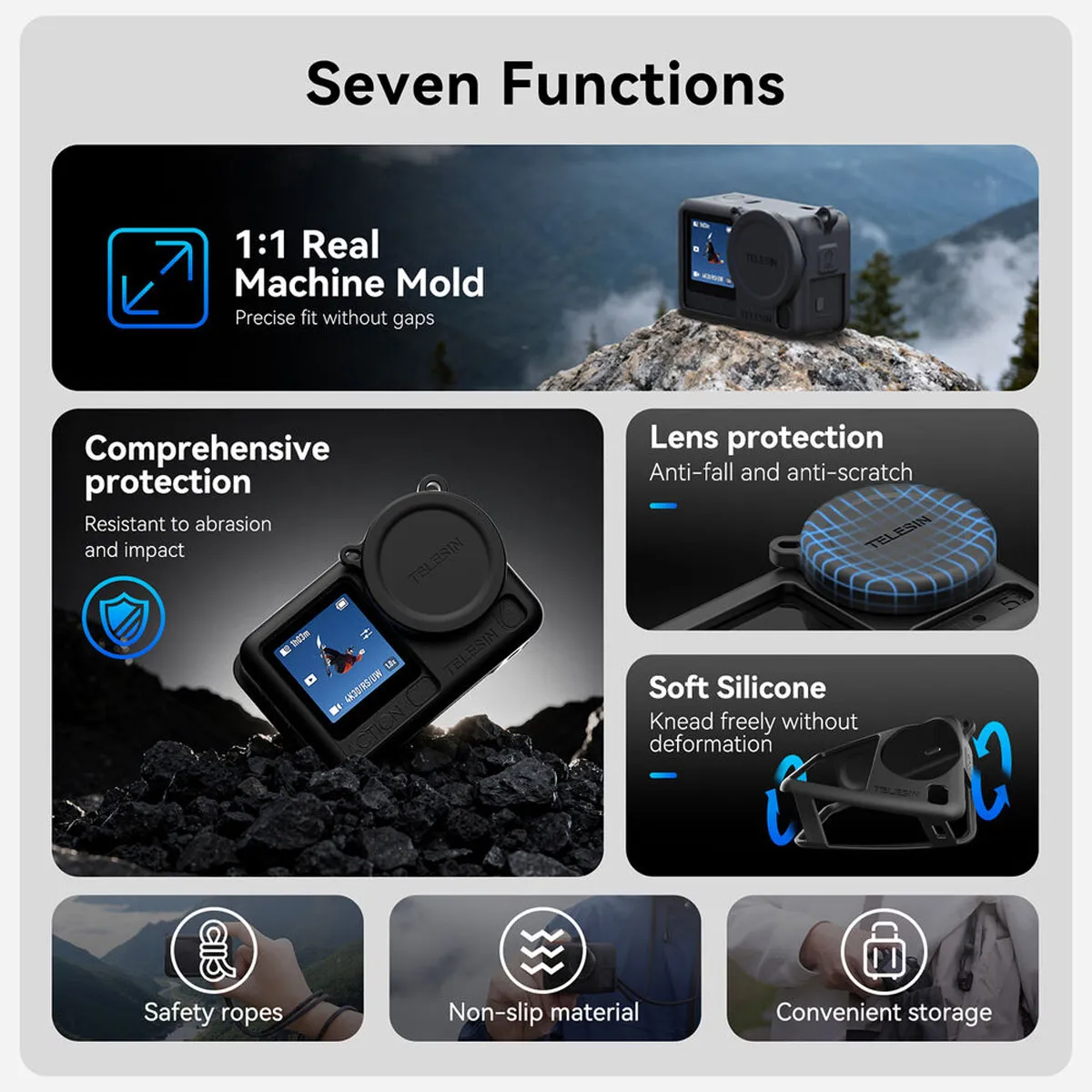 Seven key functions of the TELESIN DJI Osmo Action 6 silicone cover including 1:1 real machine mould and drop defence.