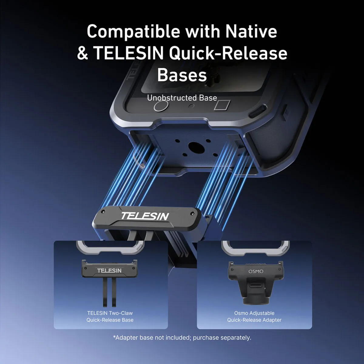 TELESIN Metal Cage for DJI Osmo 360 features an unobstructed base compatible with native DJI and TELESIN QR mount adapters.