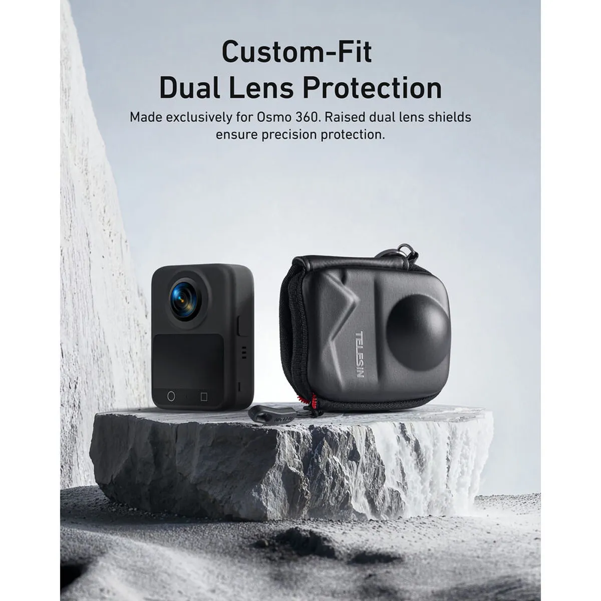 Custom-moulded TELESIN case provides dual-lens protection for DJI Osmo 360 against scratches, bumps, and impacts.