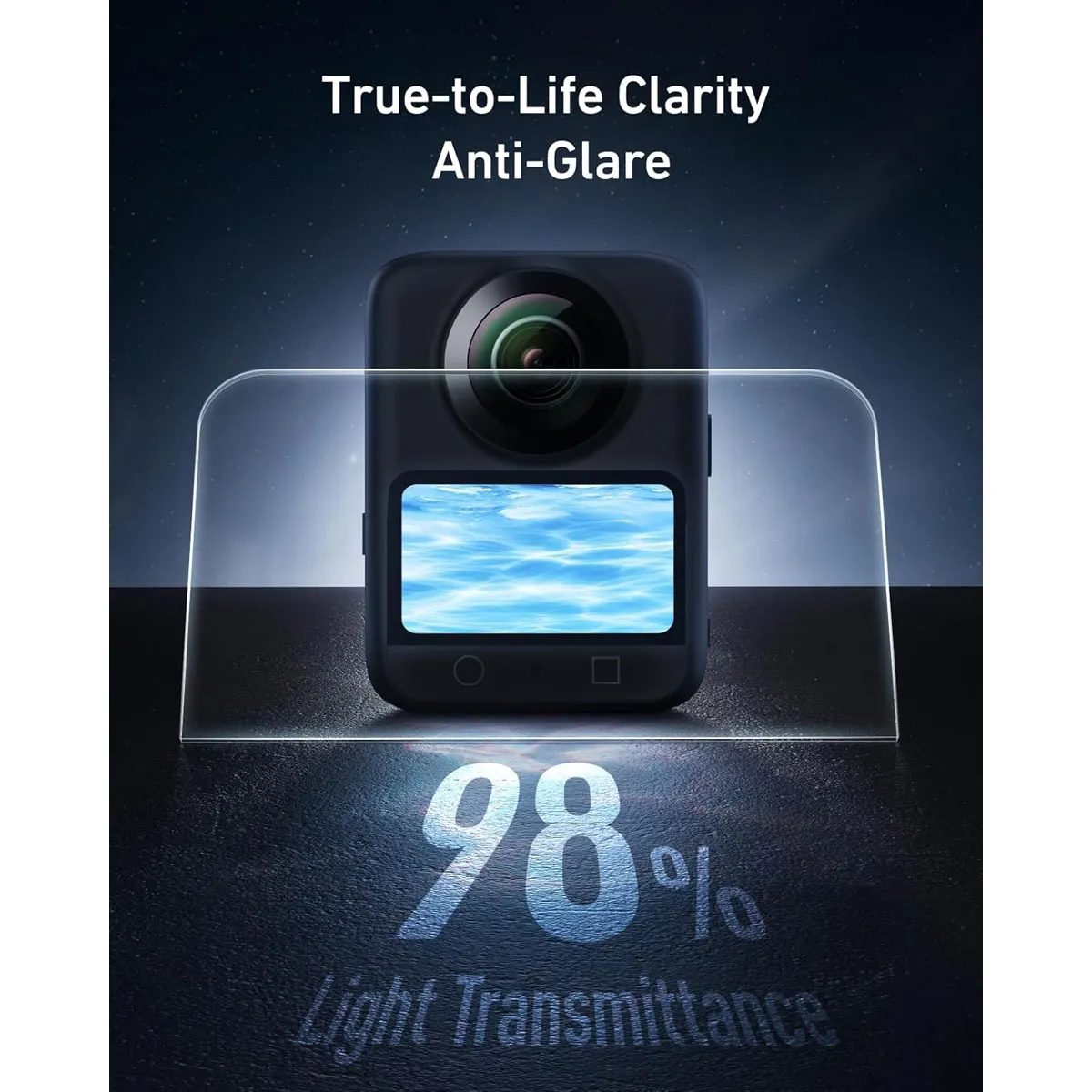 Optical-grade glass with 98% light transmittance ensures high-definition clarity on the DJI Osmo 360 camera display.