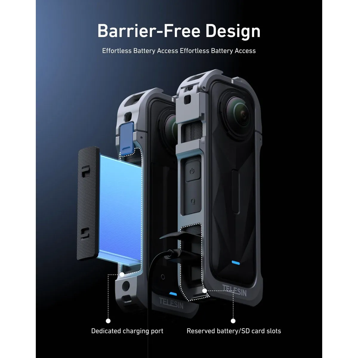Barrier-free TELESIN cage design ensures full access to the Insta360 X5 battery, charging port, and MicroSD card slot.