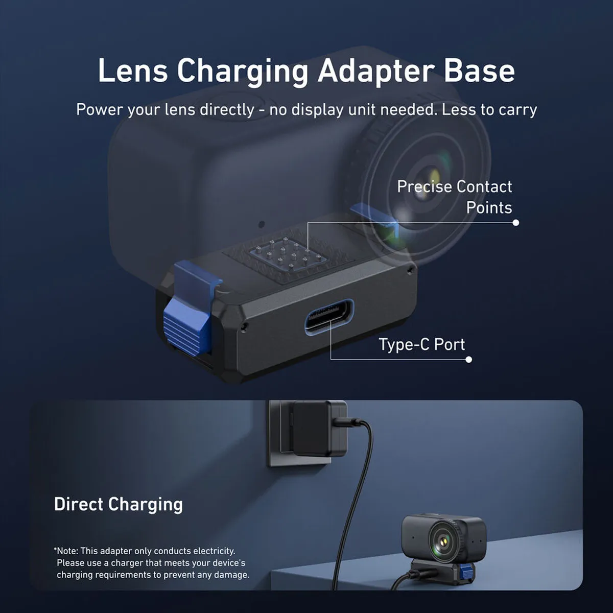 Close-up of the Type-C charging port and pogo pin contacts on the TELESIN Osmo Nano charging base.