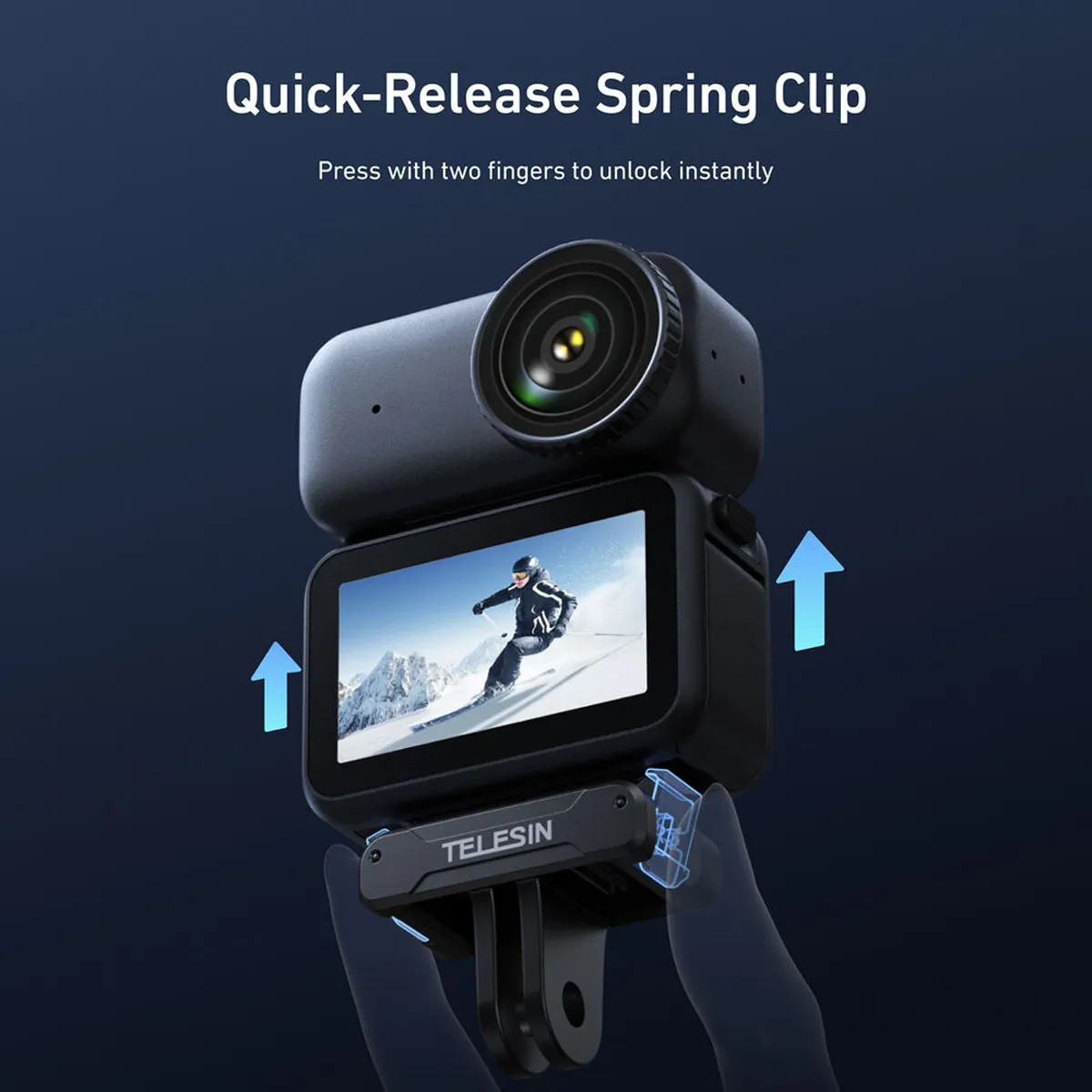 Quick-release spring clip for DJI Osmo Nano allows instant two-finger detachment.