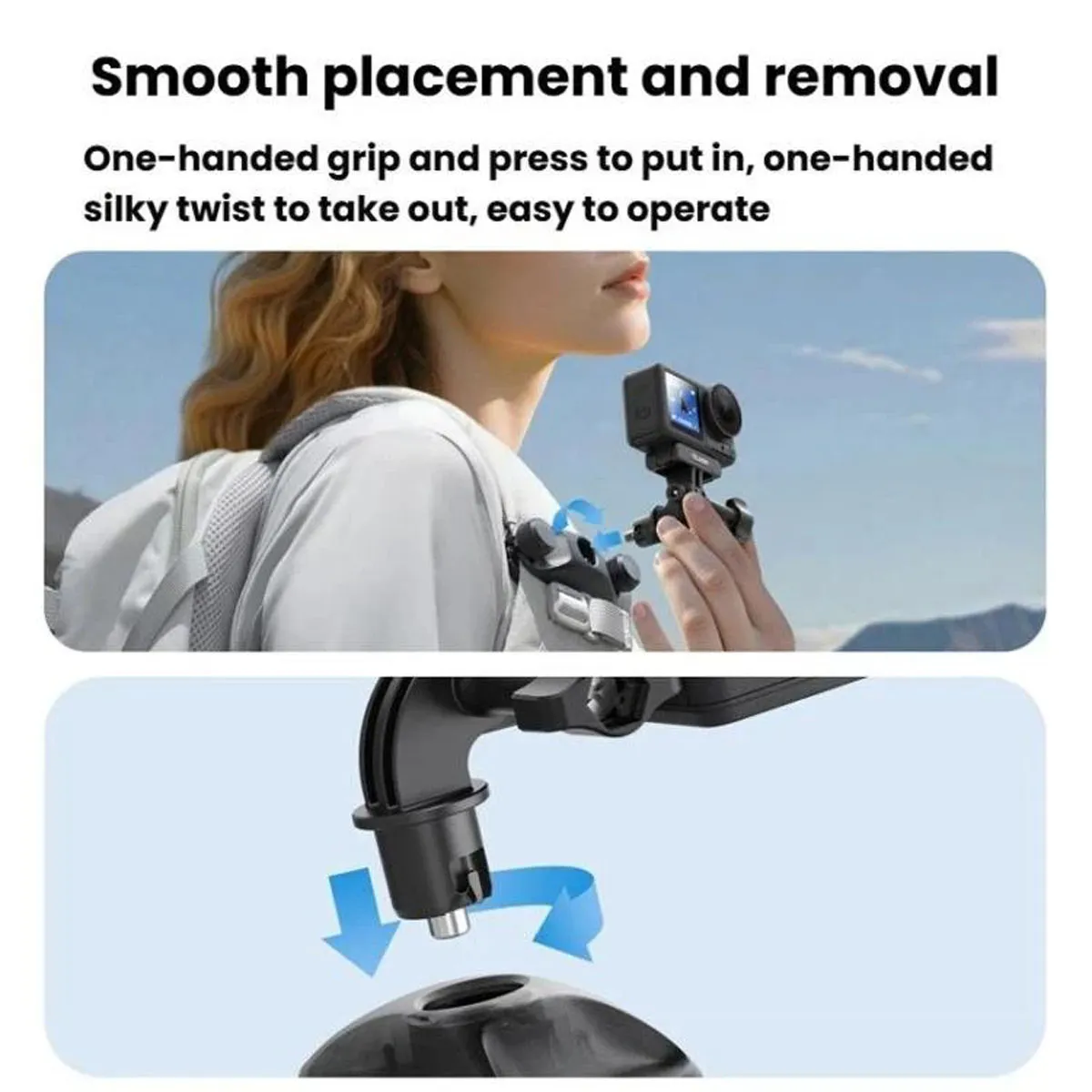 One-handed Press and Twist quick release mechanism on the TELESIN strap mount allows for fast camera attachment and removal.