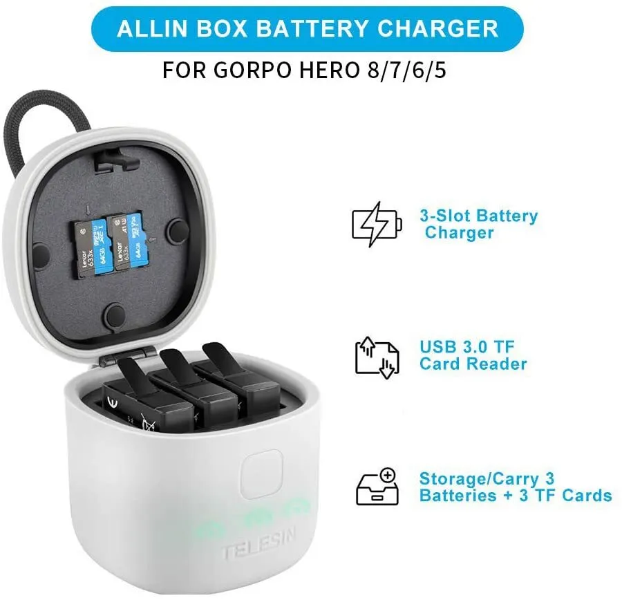 TELESIN Allin Box | 3 Slot USB Battery charger / Storage Box for GoPro HERO8/7/6/5