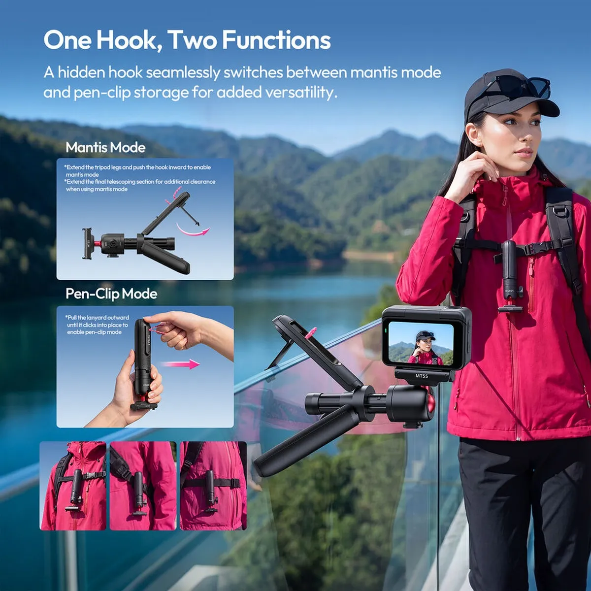 ULANZI SnapGo hidden hook shown in mantis mode hanging on a railing and in pen-clip storage mode.