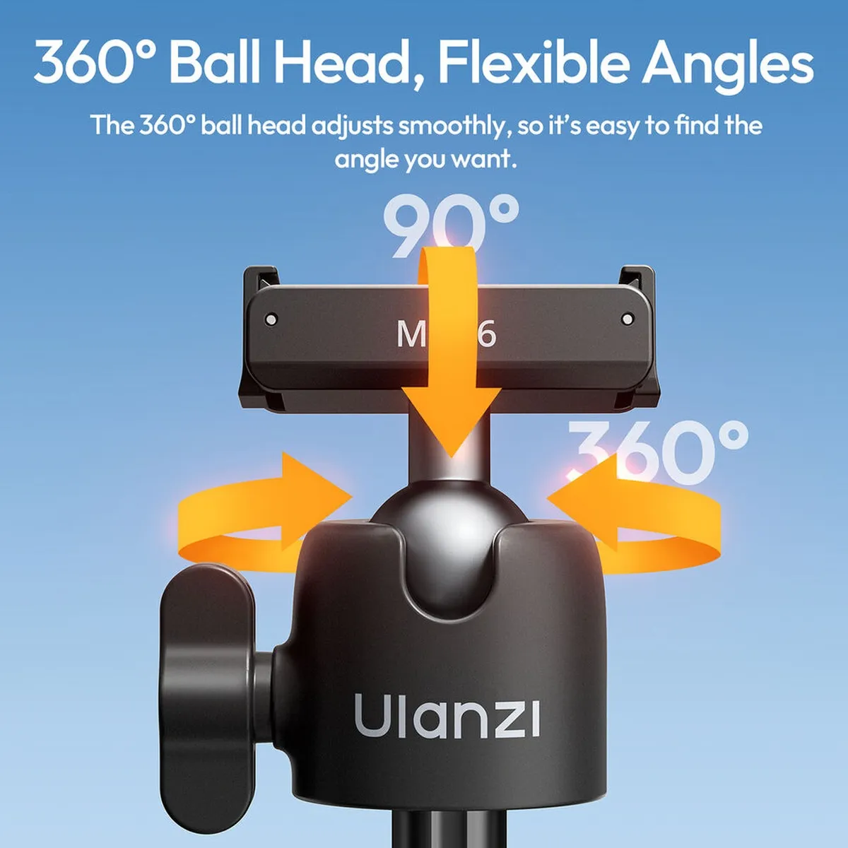The 360 degree ball head on the ULANZI ClipMate, showing full rotation and 90 degrees of tilt.