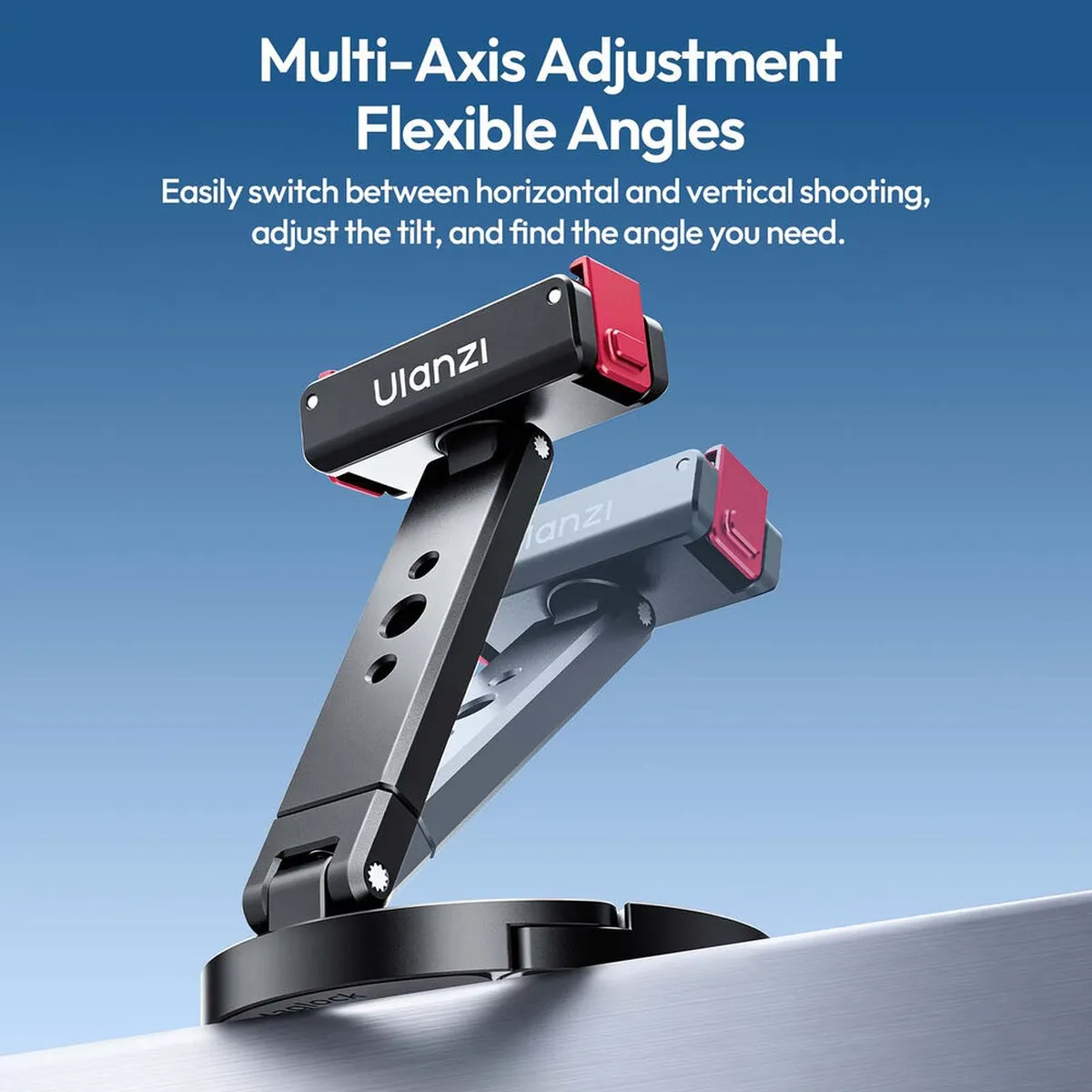 ULANZI MagLock mount on a metal surface with the arm shown at two angles to demonstrate multi-axis adjustment.