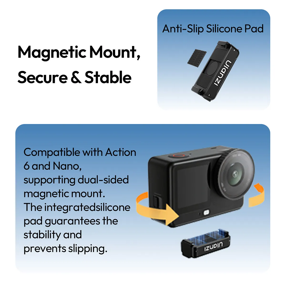 The ULANZI OA26 and its anti-slip silicone pad, shown attaching underneath a DJI Osmo Action 6.