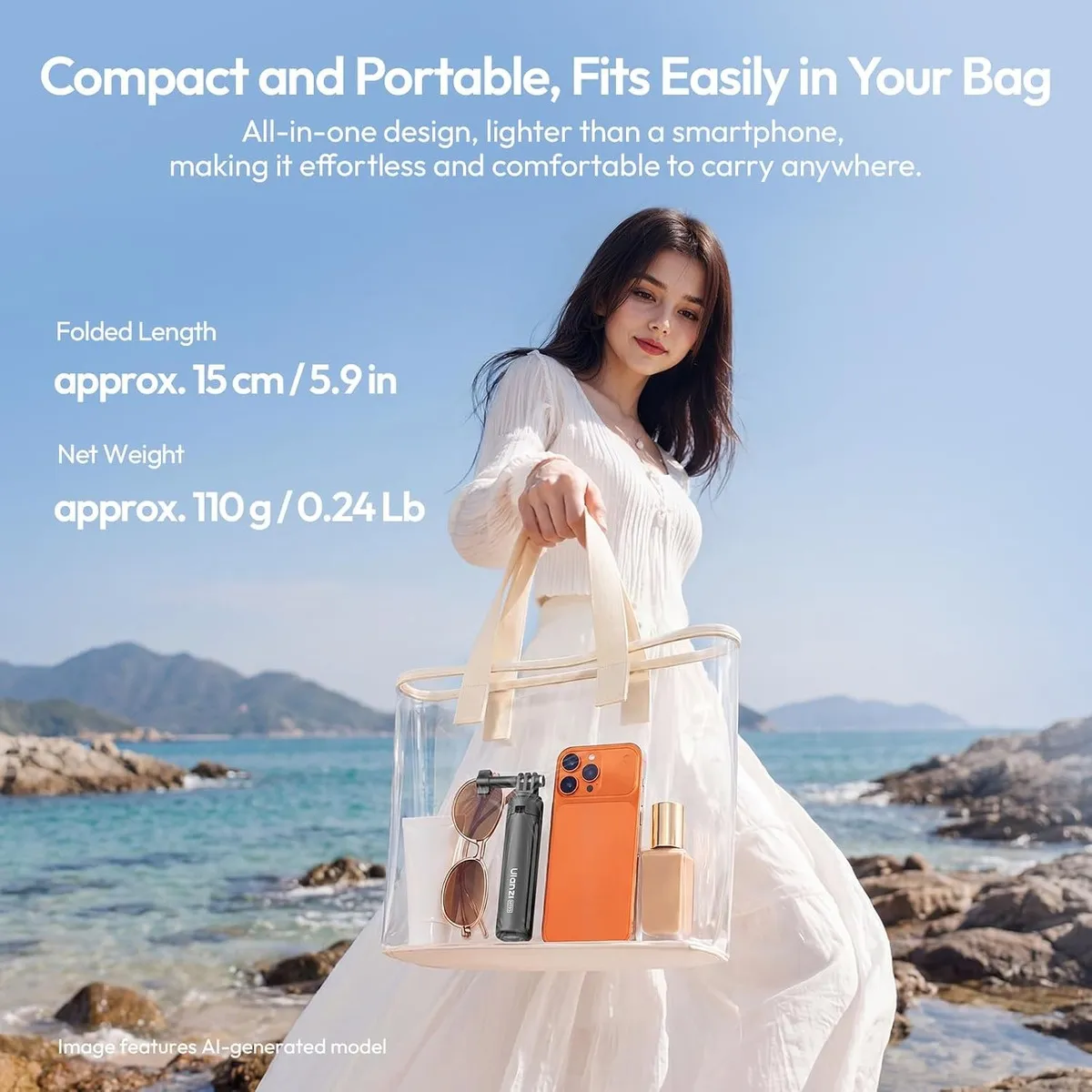 The ULANZI MT95 in a bag, with its folded length of 15cm and weight of 110g shown alongside.