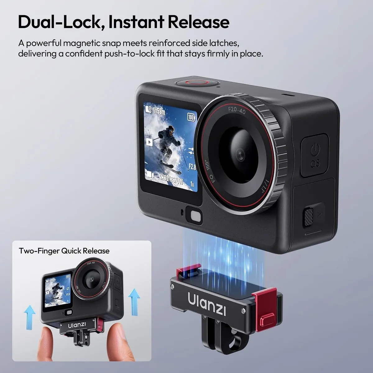 Action 6 camera snapping onto the ULANZI OA24 magnetic latch, with the two-finger release shown inset.
