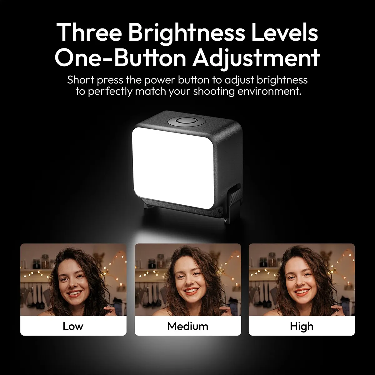 ULANZI LM24 brightness compared at low, medium and high on a face.