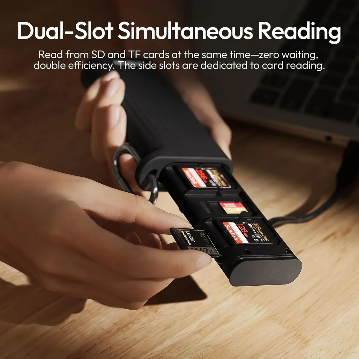 Inserting a card into the ULANZI CR2 side reader slots, which read SD and microSD at the same time.