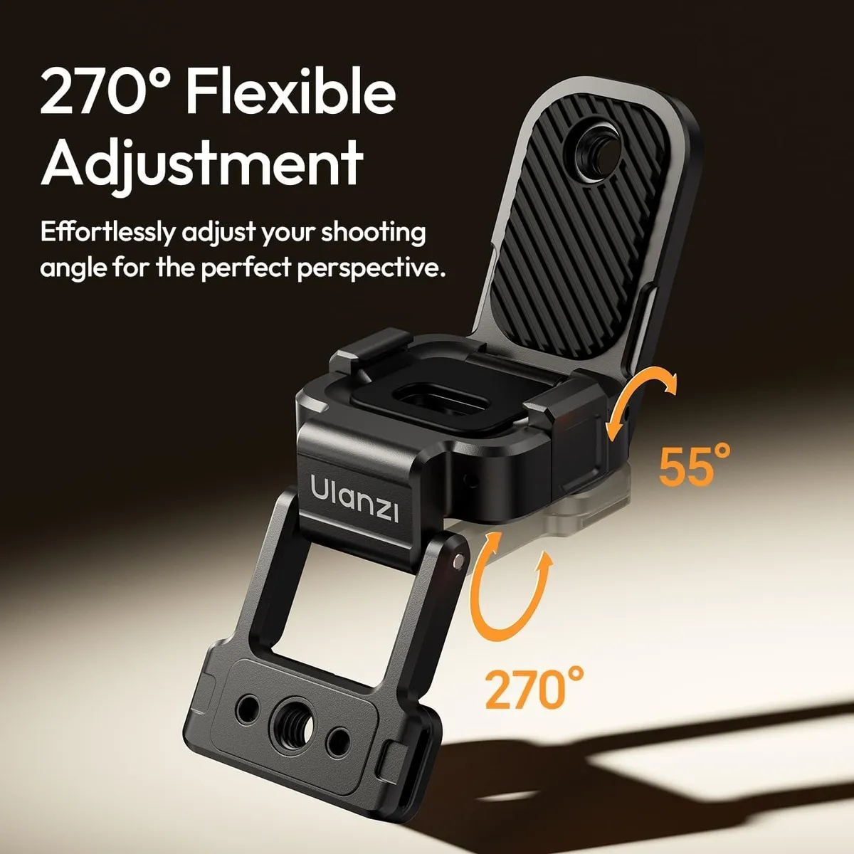 ULANZI PK16 opened out, showing 270 degree arm rotation and 55 degree plate tilt.