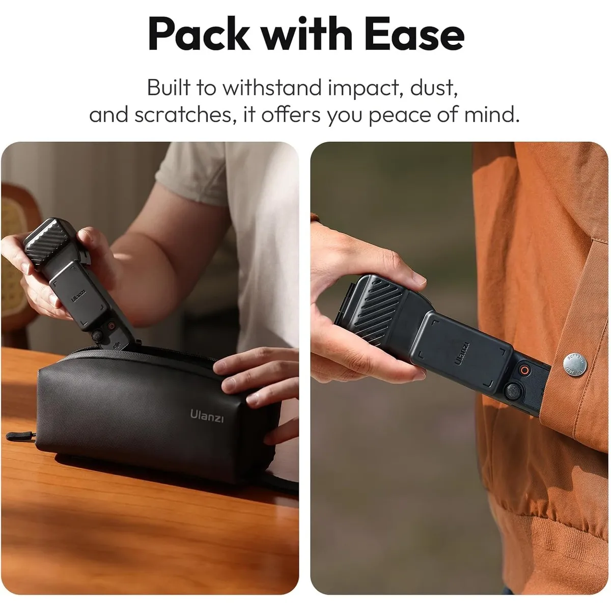 A DJI Osmo Pocket 3 in its ULANZI PK-07 cover going into a camera bag and into a jacket pocket.