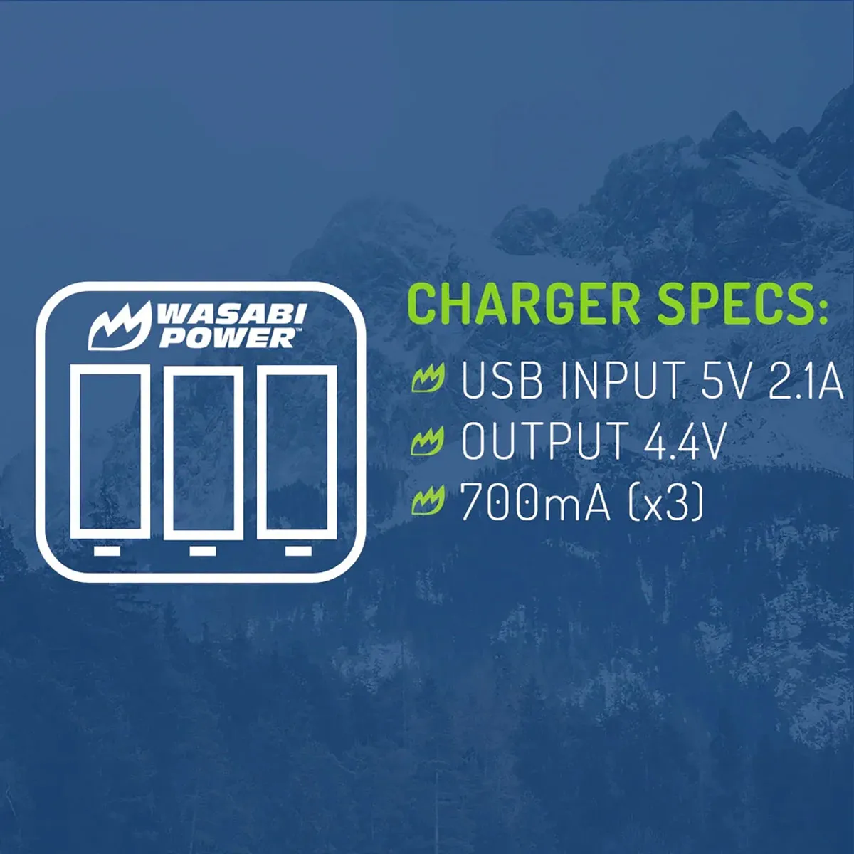 Wasabi Power TRIPLE Slot USB Battery Charger specifications, including USB input and output ratings.