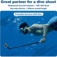 Snorkeller using the waterproof Telesin aluminium selfie stick to capture immersive underwater footage.