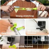 Collage showing the Telesin Versatile mount's strong stretching,  360-degree rotation and flexible fixation.