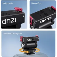ULANZI OA27 detail views of the metal latch, silicone grip pad and cold shoe locking dial.