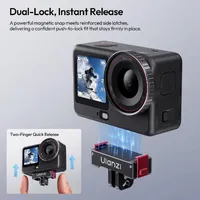 Action 6 camera snapping onto the ULANZI OA24 magnetic latch, with the two-finger release shown inset.