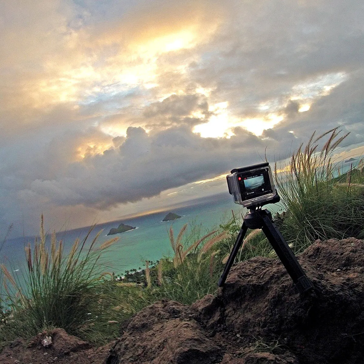 Action camera mounted on the GoPole BASE outdoors, capturing a coastal cliff view.