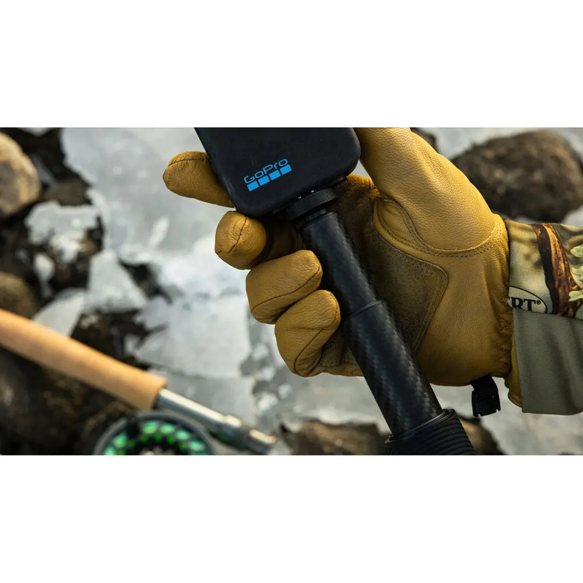 GoPro Carbon Fibre Extension Pole handheld showing mounting, sections and the carbon Fibre detail.