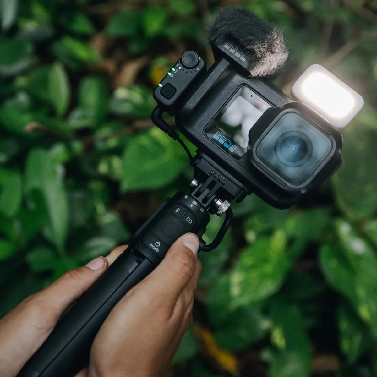 GoPro Light Mod 2 lighting a GoPro rig handheld on a power grip in dense rainforest.