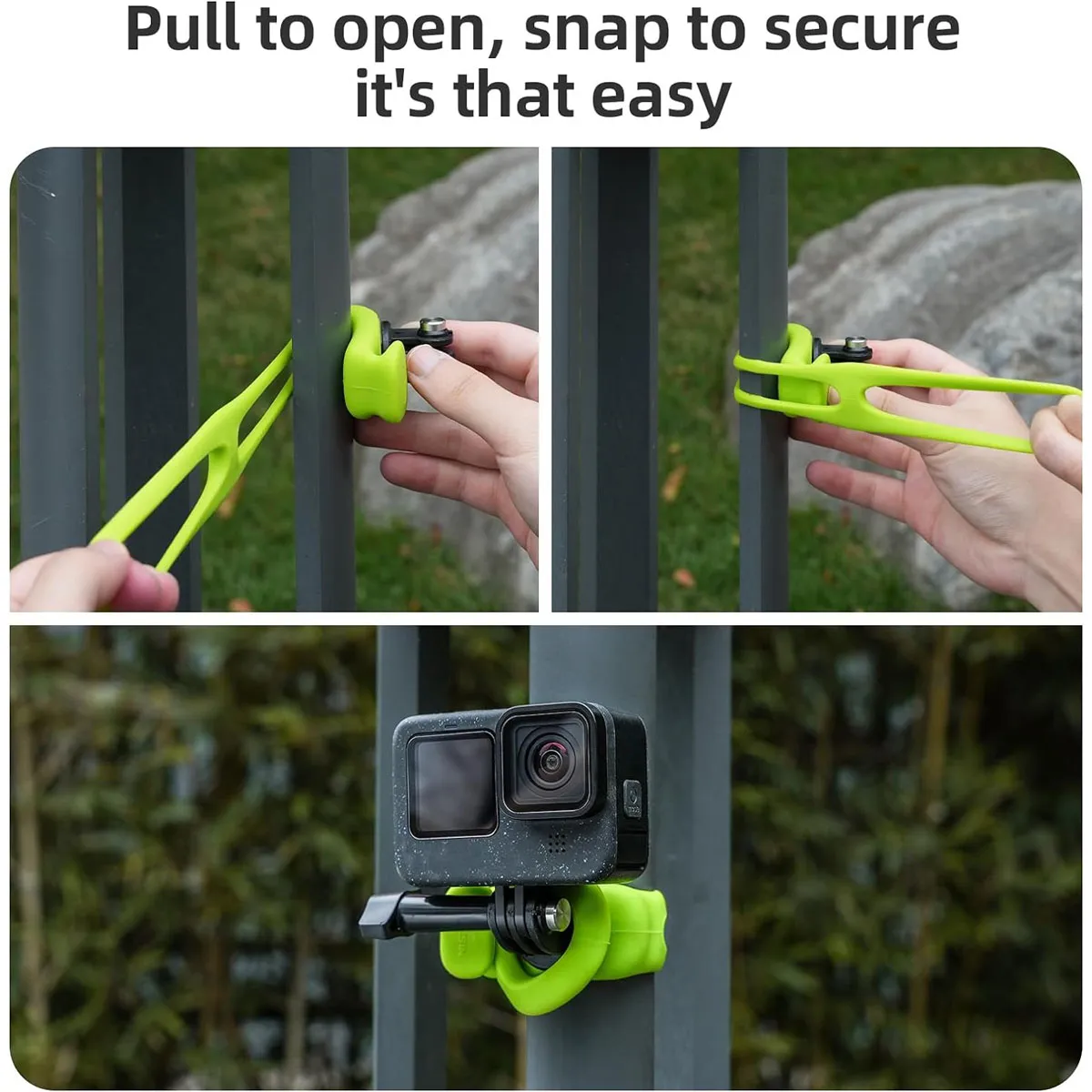 High-elasticity silicone strap being stretched to demonstrate durability and secure mounting strength for action cameras.