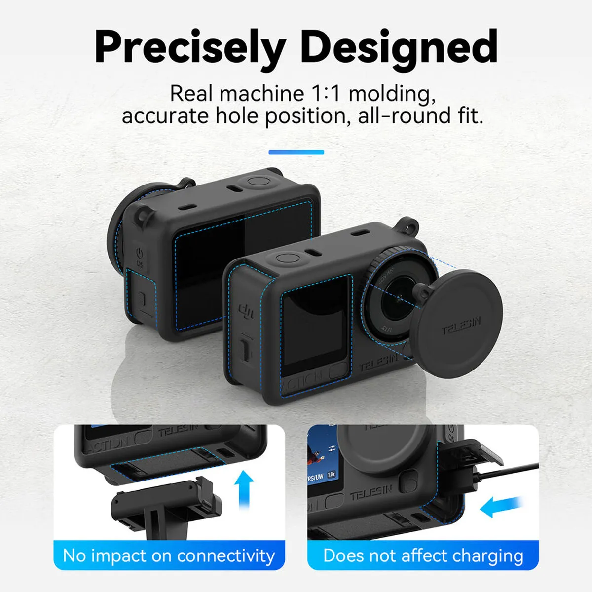 Precisely designed TELESIN silicone cover for DJI Osmo Action 6 with accurate cutouts for microphones and charging.