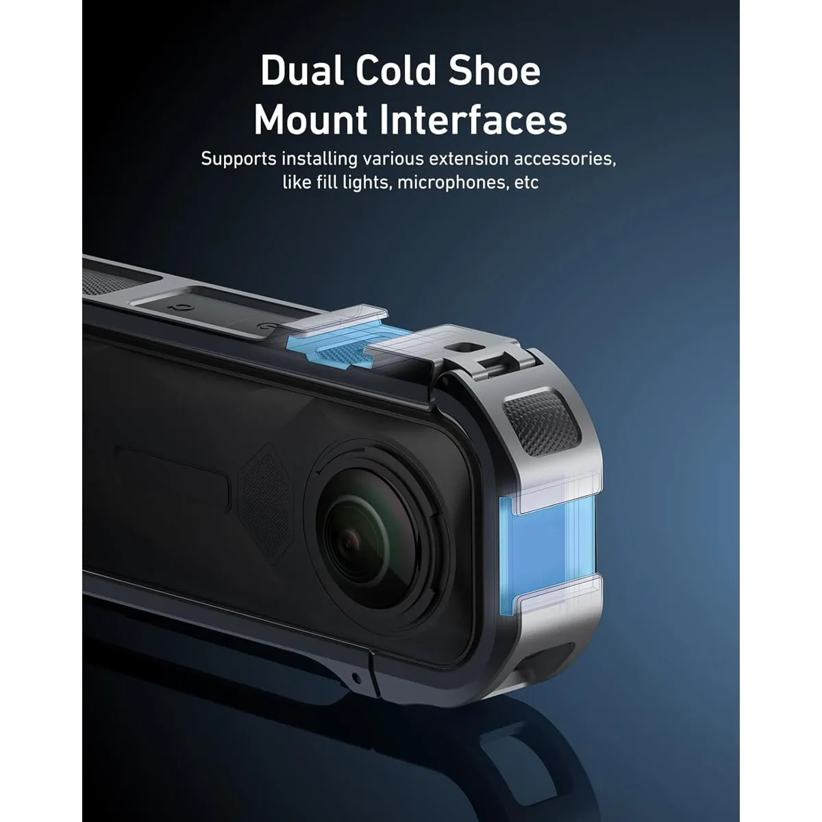 Dual cold shoe mounts on the TELESIN Insta360 X5 frame for attaching external microphones and LED video lights.