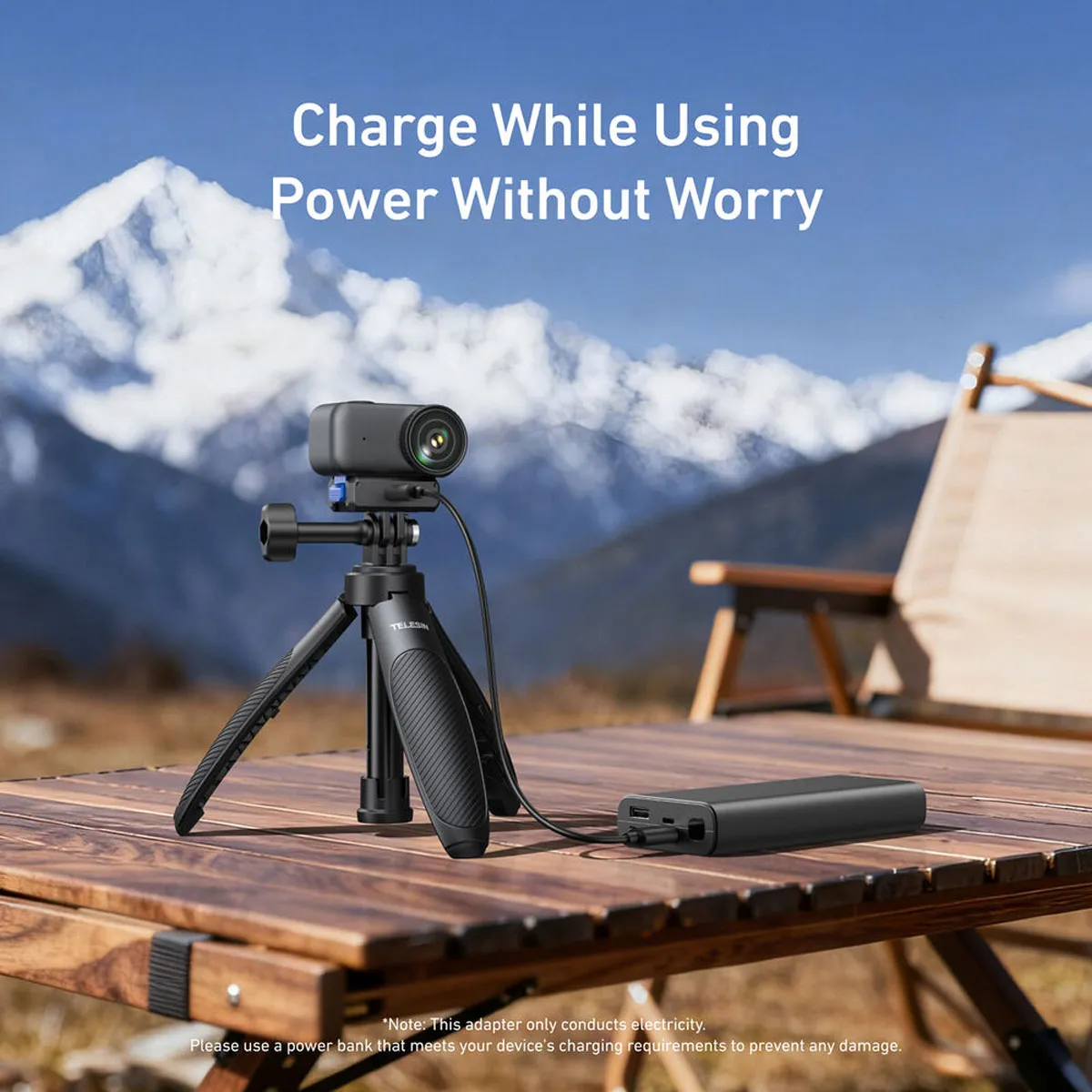DJI Osmo Nano charging via a power bank while mounted on a mini tripod using the TELESIN quick release charging base.