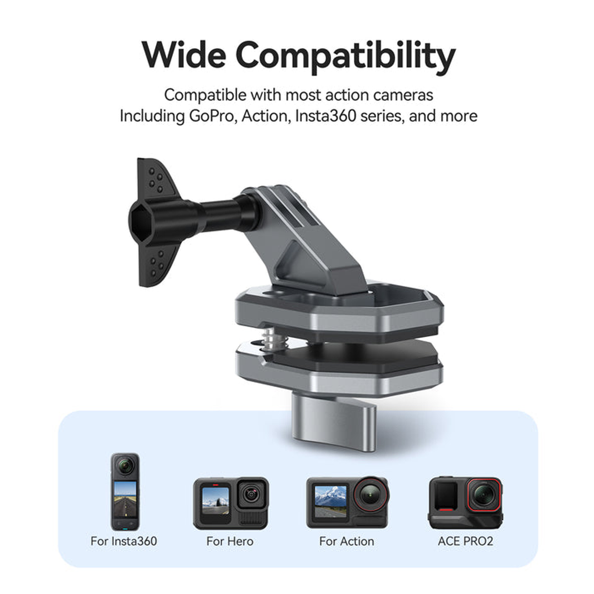 Wide compatibility with GoPro, DJI Action and Insta360 cameras via the included 1/4-inch threaded adapter and screw.