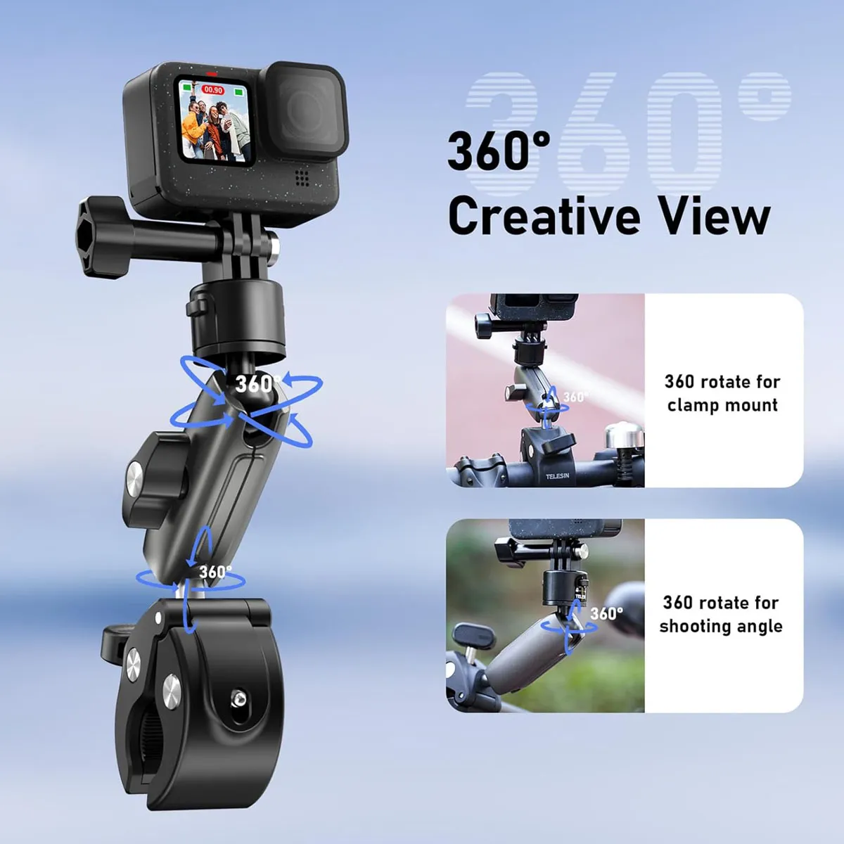 Double ball head design on the TELESIN S3-HBM-01 allows for full 360-degree rotation and multi-angle camera positioning.