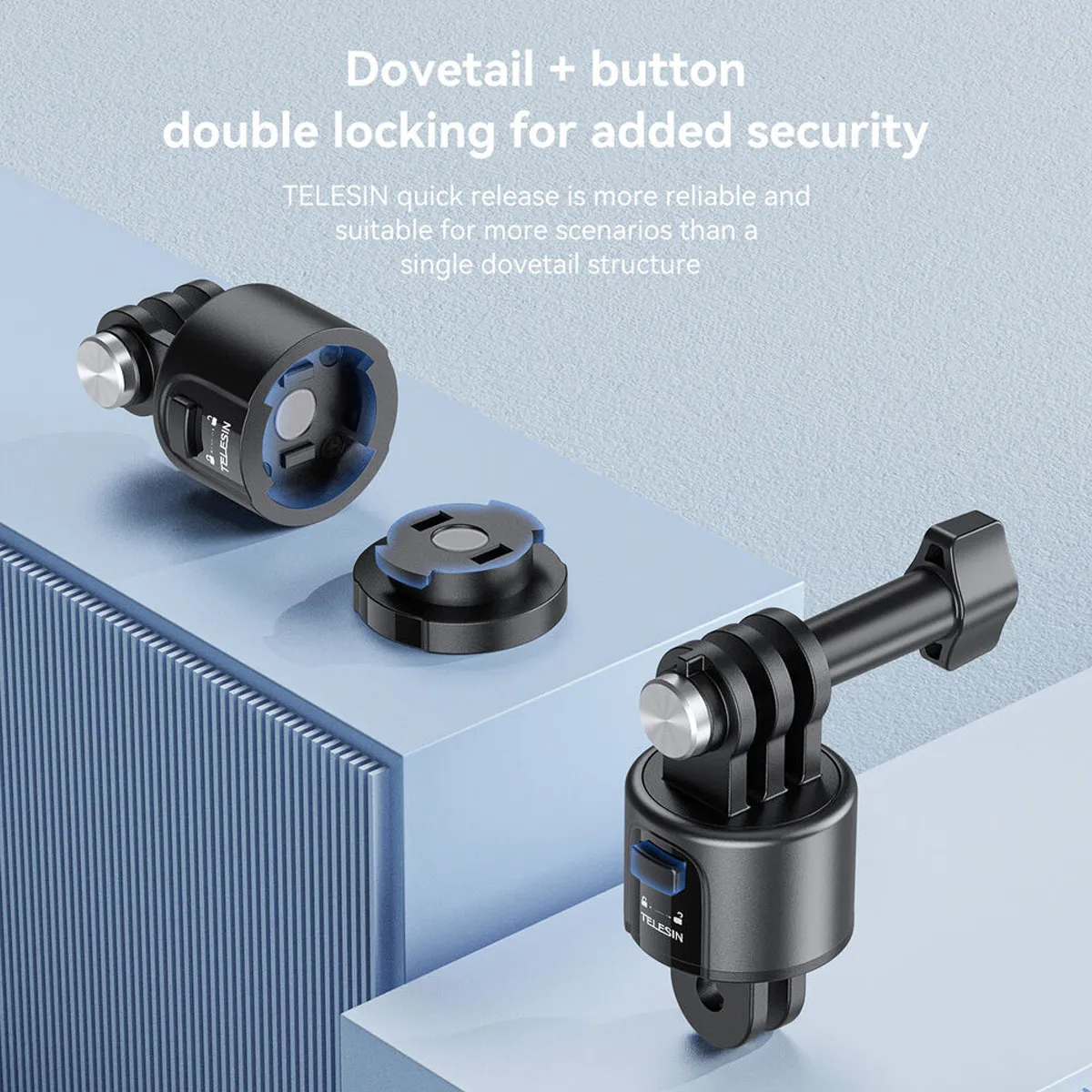 Dovetail and button double-locking system on the TELESIN quick release mount for secure reliable camera attachment.