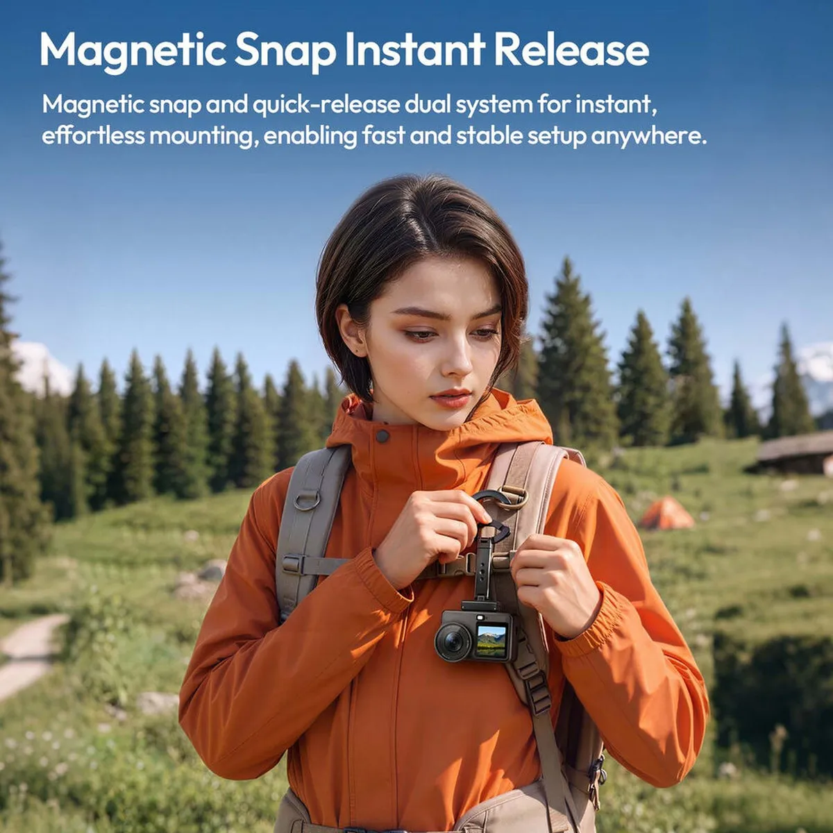 ULANZI MagLock mount clipped to a backpack strap by its carabiner-style ring, with a DJI Osmo camera hanging below.