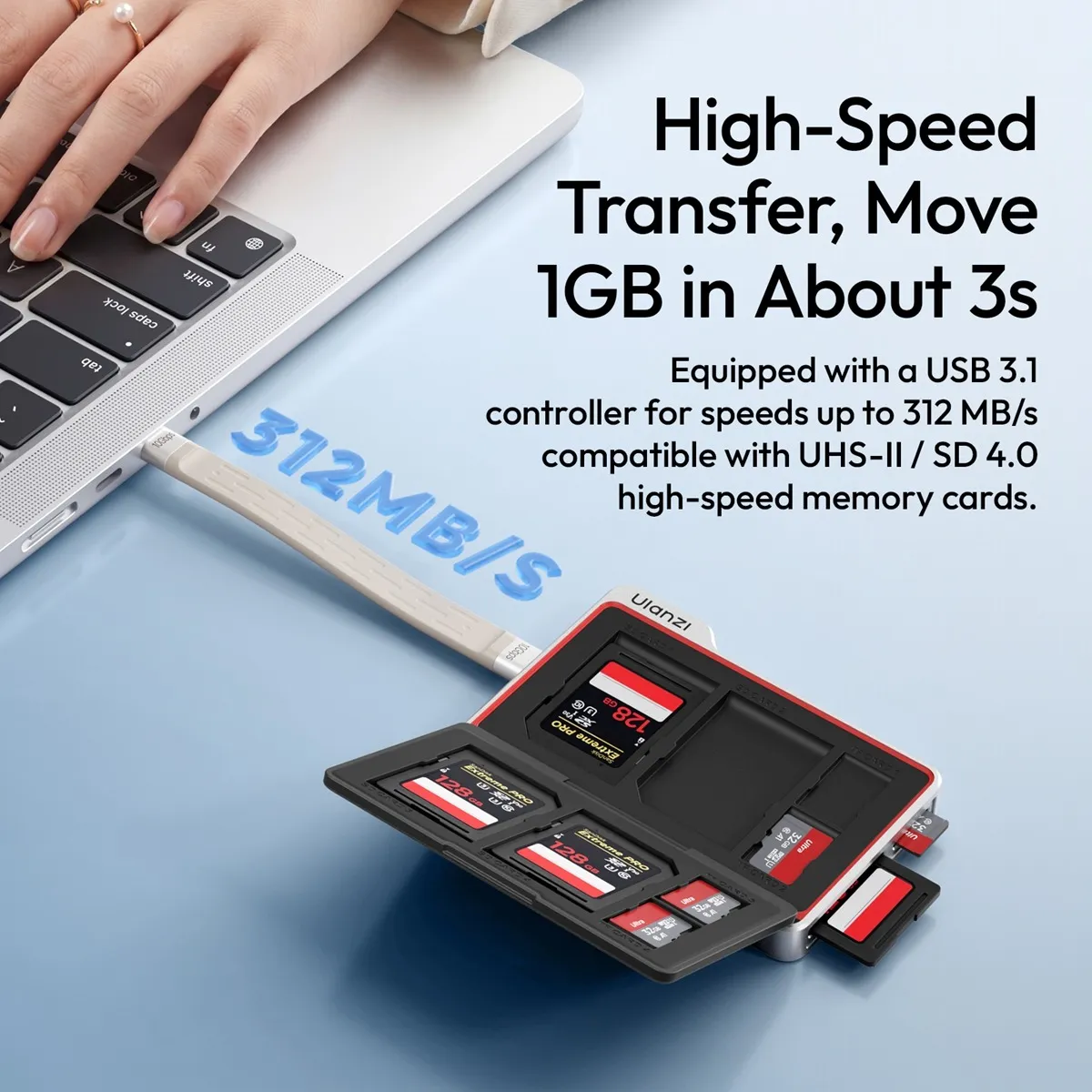 ULANZI DC01 transferring files to a laptop at up to 312MB/s over its USB-C lanyard cable.